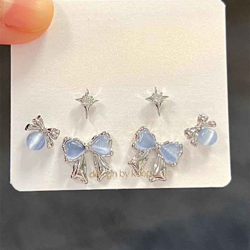Blue Asymmetric Moon Star Clip On Earrings, Mini Pearl Zircon Mori Style Non Pierced Ear Cuffs for Women