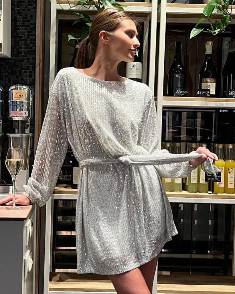 European And American New Holiday Party Fashion Sequins Beads Solid Color Waist Dress Small Dress Dress