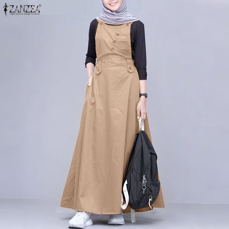 ZANZEA Women Casual Square Collar Loose Sleeveless Muslim Long Dress