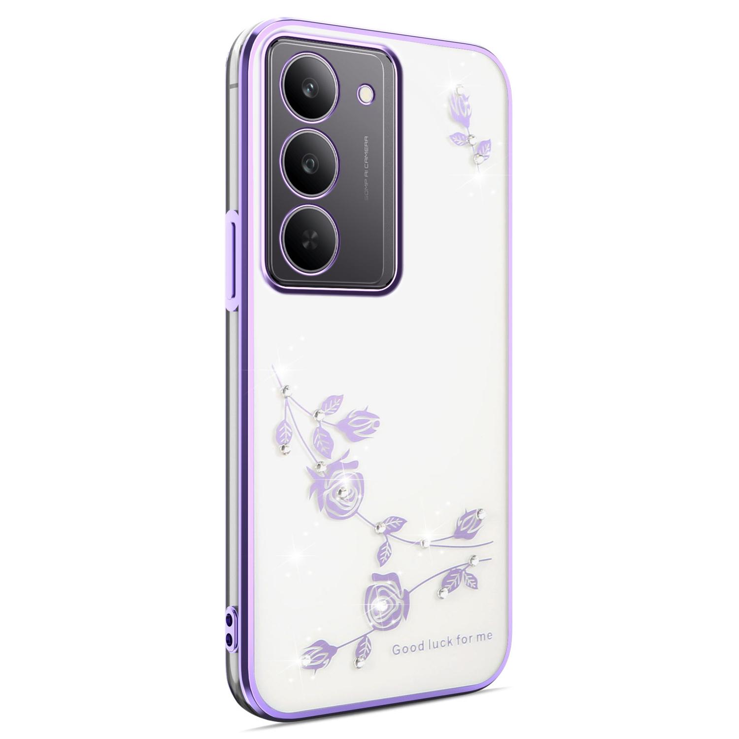 

KADEM For Realme 14x 5G Case Flower Rhinestone Decor Electroplating TPU Phone Cover Purple
