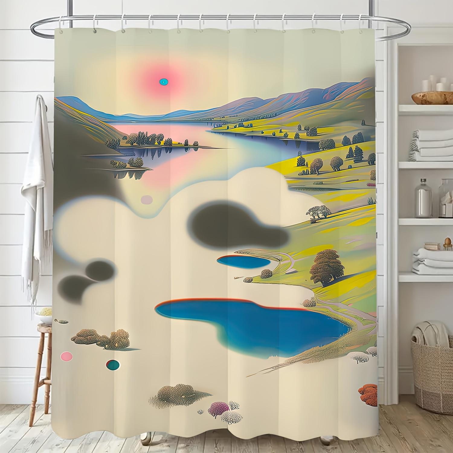 

Modern Nordic Landscape Print Shower Curtain - Vibrant Colors, Polyester Fabric, Machine Washable, Includes Hooks W90xH180cm