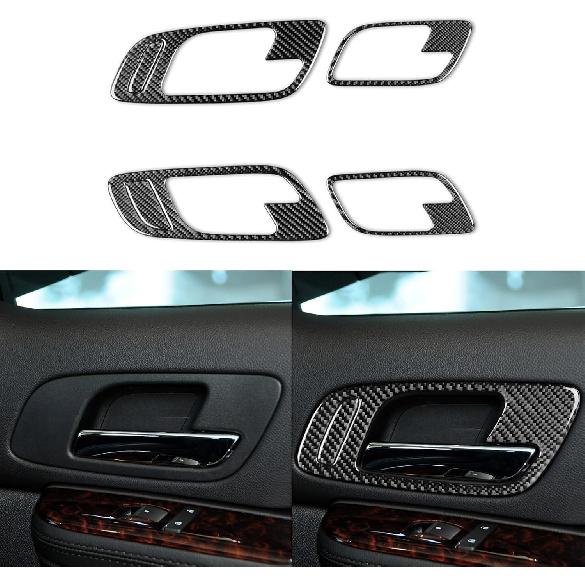 Real Glossy Black Carbon Fiber Sticker Car Inner Door Pull Handle Frame Anti-Collision Cover Trim Compatible with Chevrolet Avalanche/Silverado LTZ