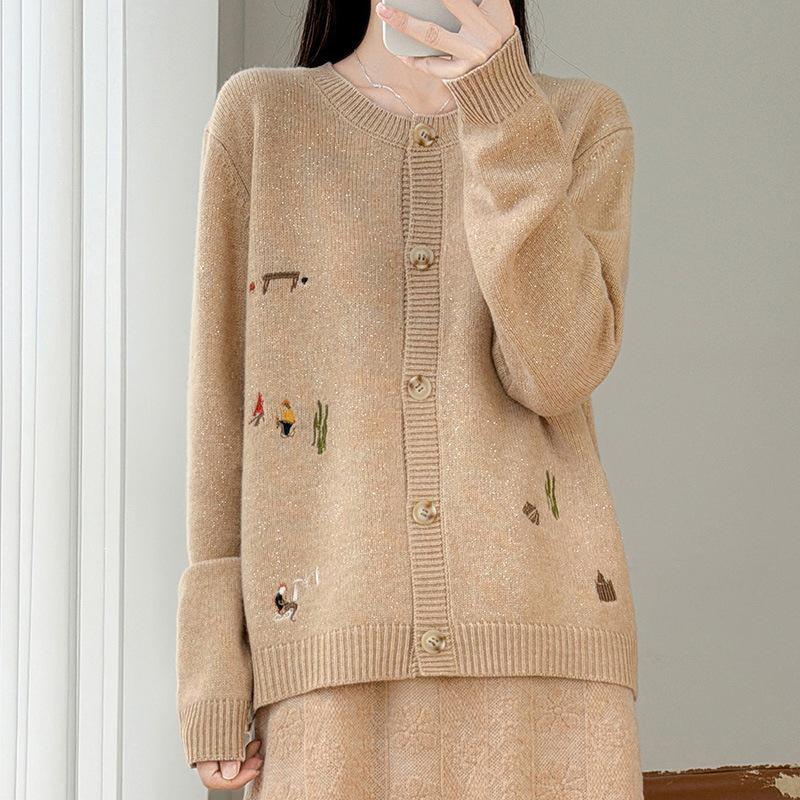 2026 Autumn/Winter Pure Wool Knit Cardigan with Lurex Cactus Embroidery
