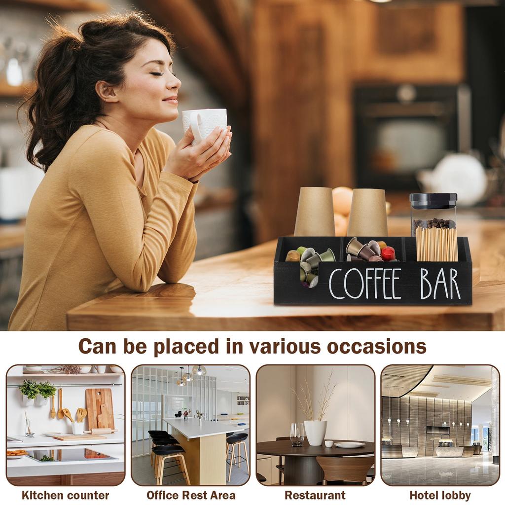 Wooden Coffee Storage Box Multi Compartment Wood Coffee Pod Tea Bag Holder with Slot Multi-Purpose Coffee Bar Storage Holder