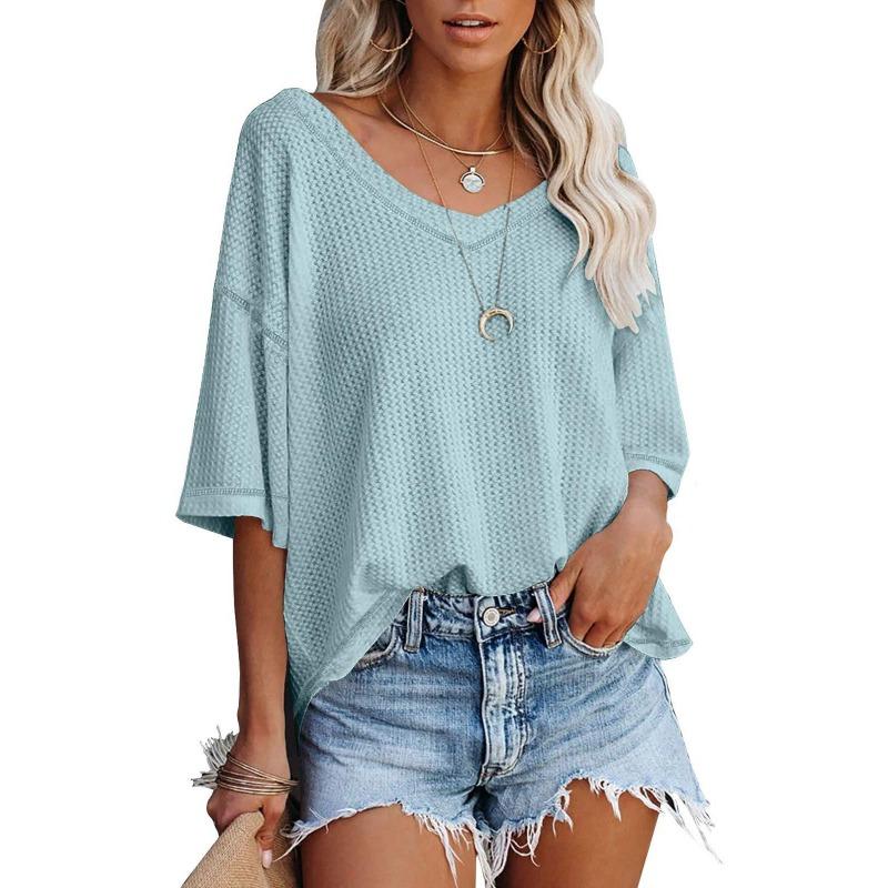 

Женская футболка с V-образным вырезом, вафельная повседневная свободная футболка с коротким рукавом S светло-синий