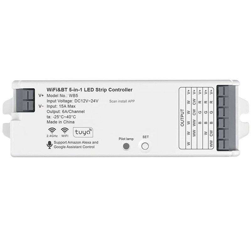 

Fresh Wifi& BT 5-In-1 LED Strip Controller Dimmable RGB/RGBW/WW+ CW/RGBCCT Monochrome Smart Life APP DC12-24V Light Management S білий