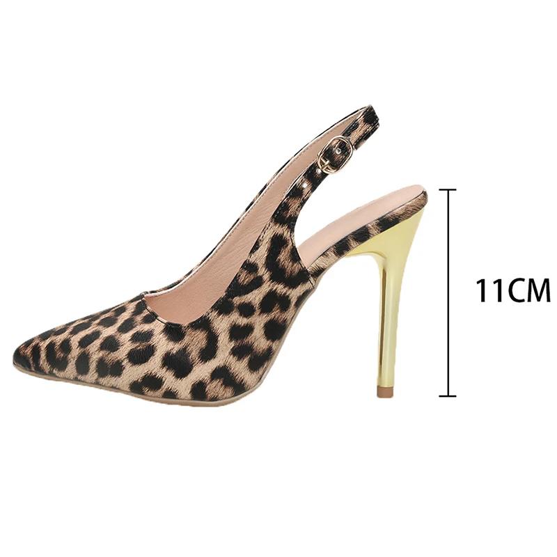Fashion Sexy Leopard Print Stiletto Heel Pumps Women Fashion Point Toe Buckle Strap High Heels Club Party Shoes Woman Slingback Sandals