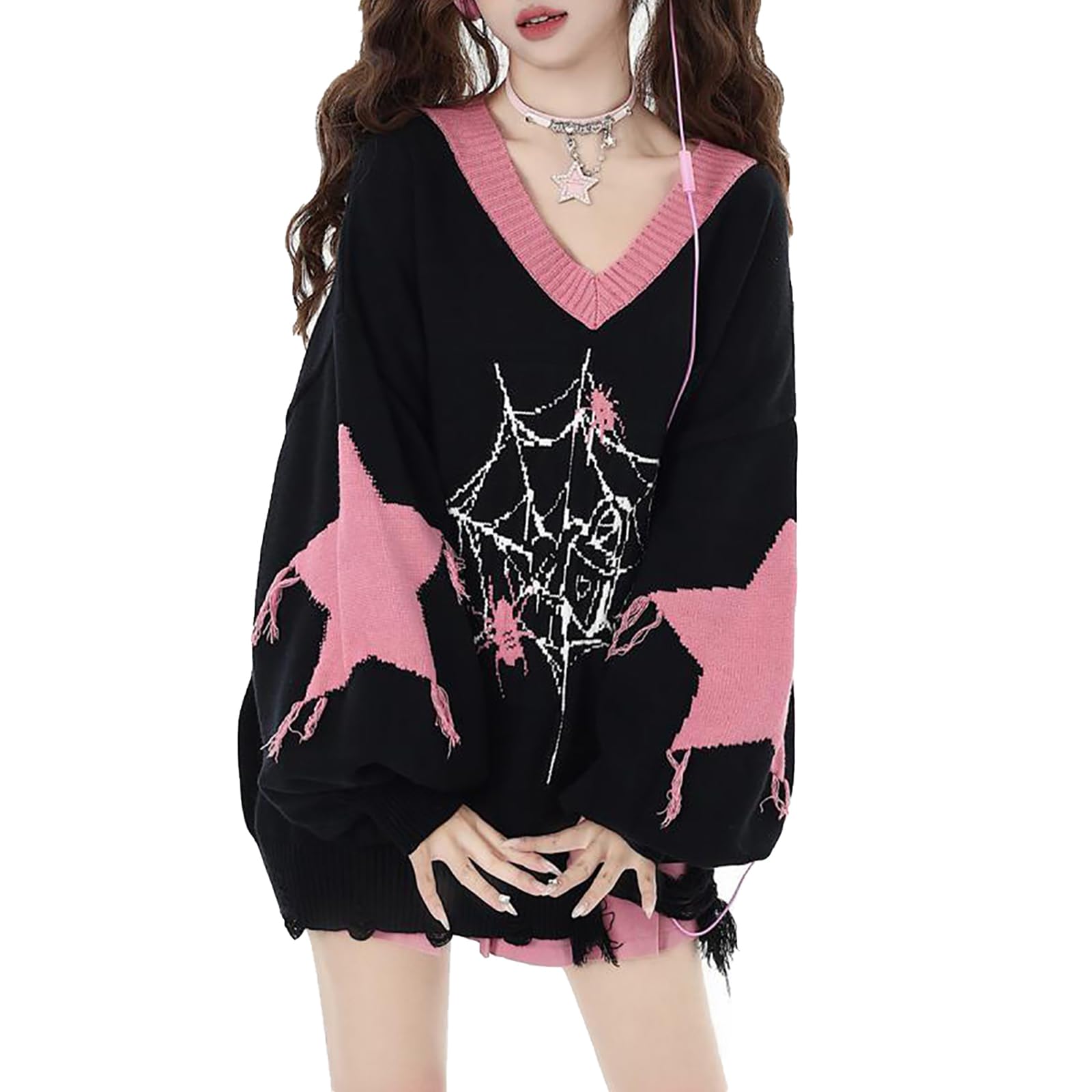 

LAVASEON Y2K Star Print Sweater with Long Korean Perfect for Students and Women s Tassels, Thick, Sleeves, Style, V-Neck Pullover, Casual, Stylish, чёрный