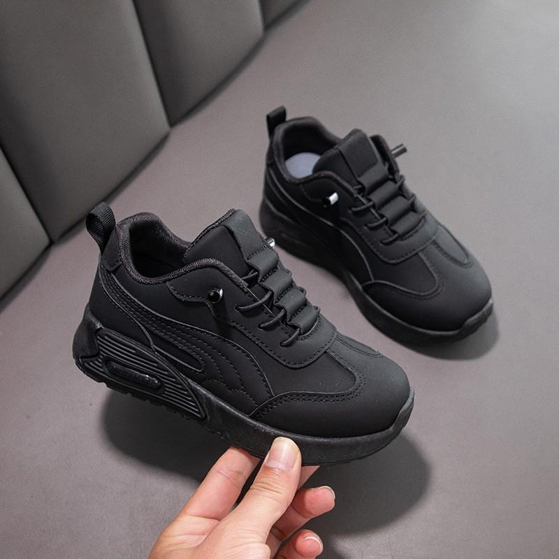 Kids Sports Shoes Boys Girls Lightweight Non-Slip Soft Sole Casual Sneakers Black PU Upper