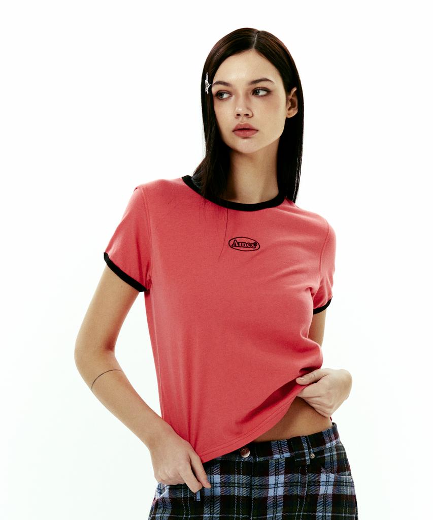 AMES-WORLDWIDE Symbol Logo Embroidered Crop Tee Pink