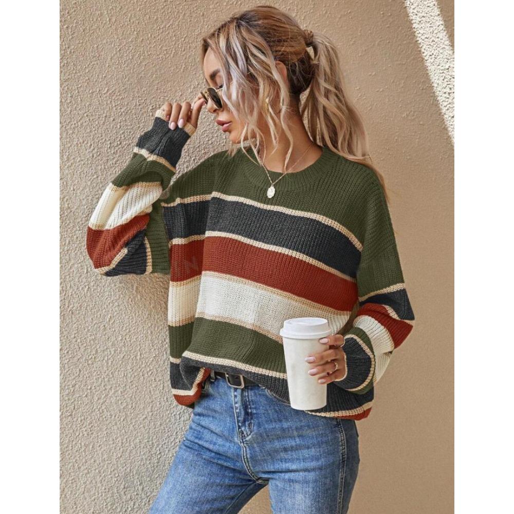 Women's Crew Neck Long Sleeve Knit Sweater Loose Fit Lazy Style Color Block Striped Pullover Top