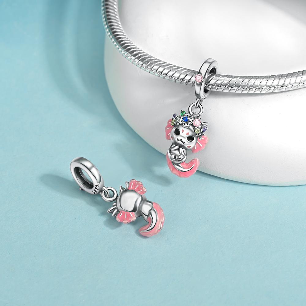 copper Cute Pink Axolotl Walking Fish Pendant Charm Compatible With Authentic Charm Bracelets Women Do It Yourself Jewellery Gift