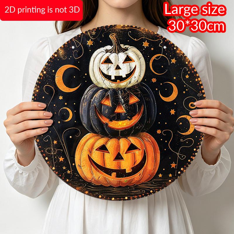 2D Flat, 1pc Round Aluminum Hanging Sign, Halloween Wall Decor-Retro Pumpkin Magic Night Metal Art with Glowing Pumpkin Lanterns, Bats And