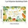 Cute Watercolor Dino Birthday Backdrop, Kids Birthday Photography Background Cloth with Jungle Plants & Volcano