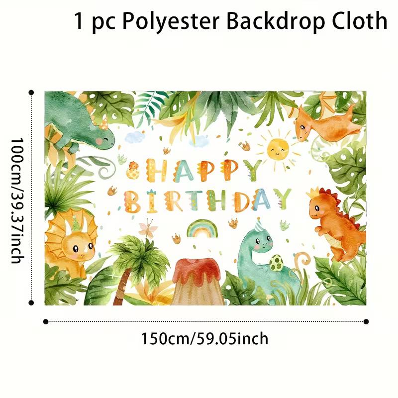 Cute Watercolor Dino Birthday Backdrop, Kids Birthday Photography Background Cloth with Jungle Plants & Volcano