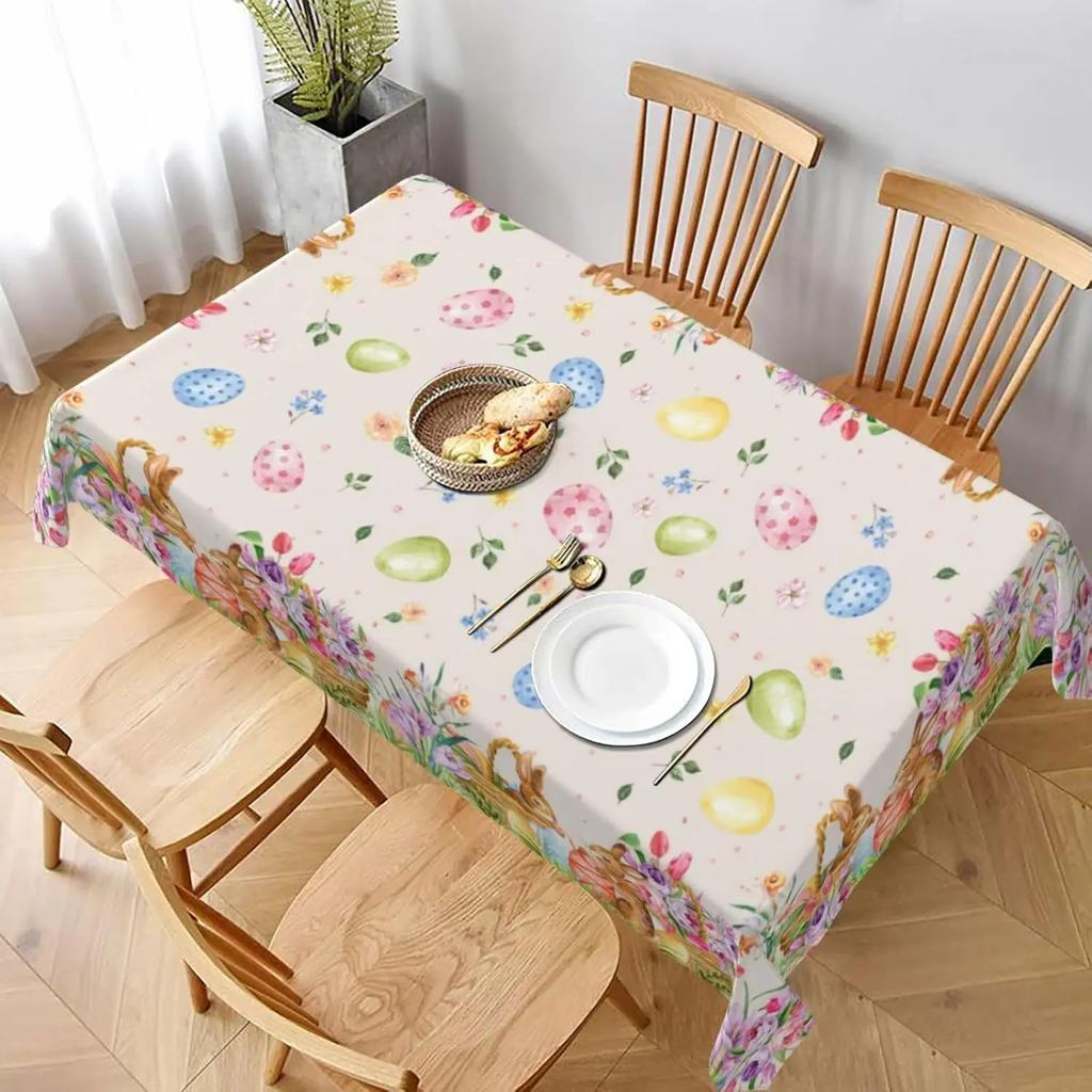 Easter Bunny Eggs Flowers Waterproof Tablecloths Easter Party Decorations Spring Tulip Florals Table Covers Dining Table Decor