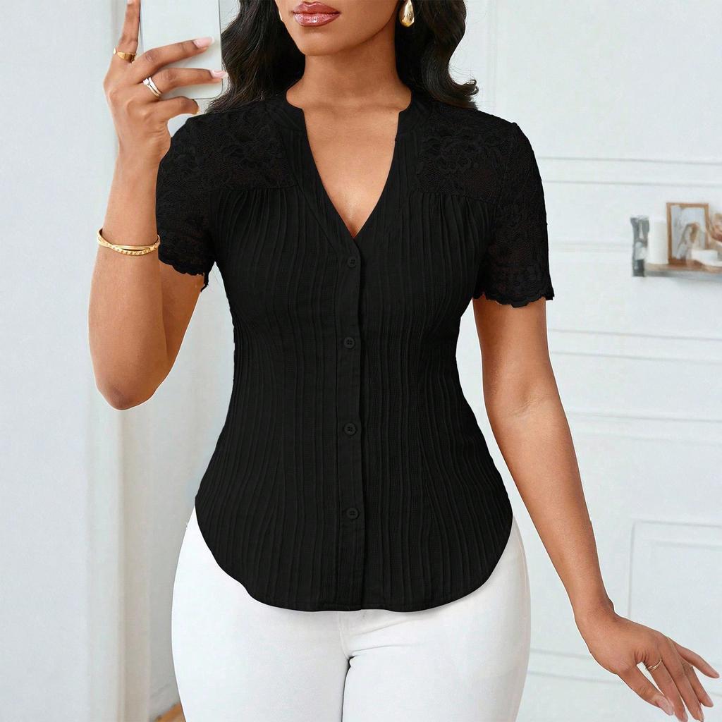 Women's Fashionable Versatile Single Breasted Color Slim Fit Embroidered Hollow Short Sleeved Top