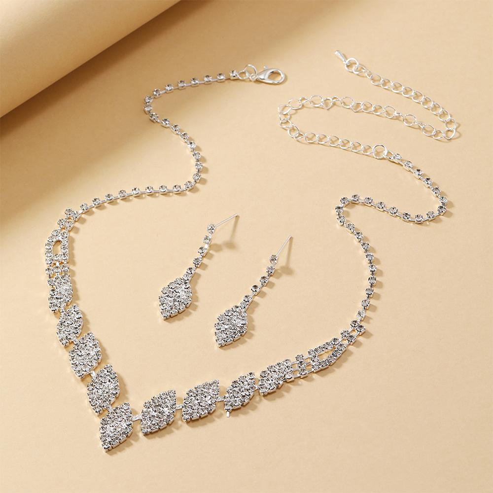 3 Piece Women Rhinestone Necklace Earring Set Luxurious Sparkling Copper Plated Leaves Fashionable Elegant High Accessories