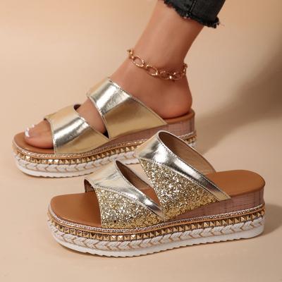 European and American Large-size Slope Heel Cool Slippers Summer New Fish Mouth Buckle Thick-soled Glossy Sandals