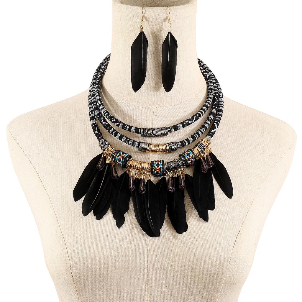 Ethnic Style Retro Exaggerated Fringed Feather Earrings Multi-layer Necklace Hand-woven Rope Jewelry Set Women