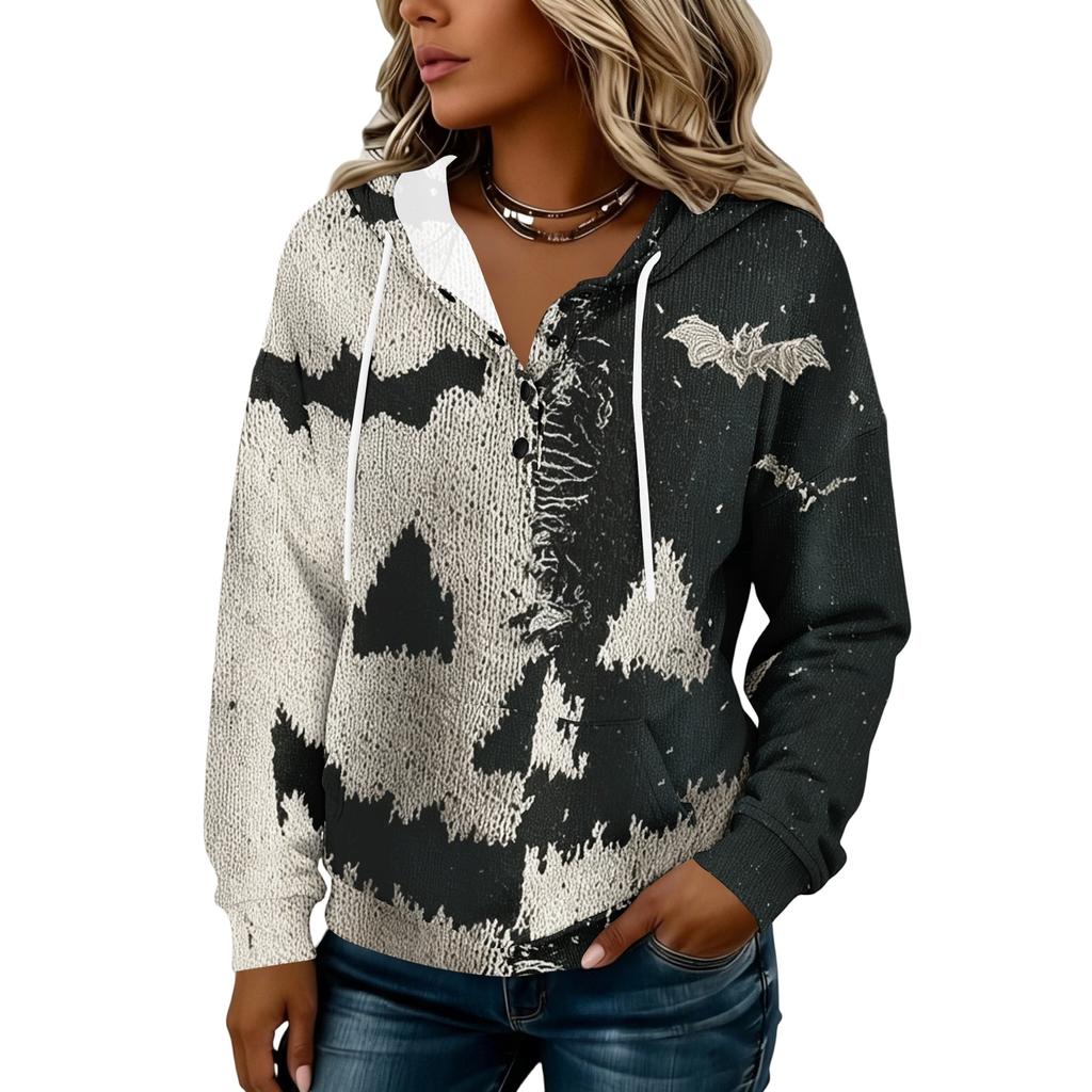 Women's Hooded Button Front Halloween Print Pullover Sweatshirt for Casual Fall Outfits