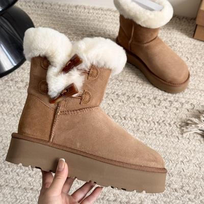 Thick-soled Snow Boots, Integrated Fur, Winter New Horn Buckle, Medium Tube, Piled and Thickened Warm Cotton Shoes, Women's Sangpo