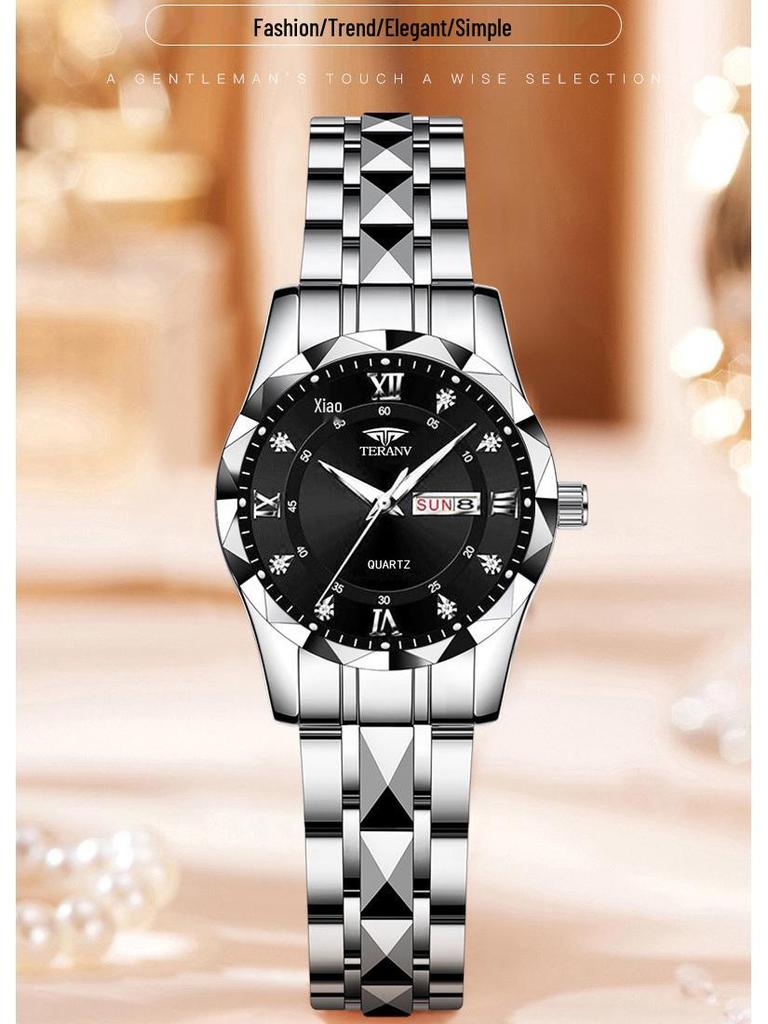 Women's Luminous Diamond Pattern Waterproof Quartz Watch with Double Calendar and Solid Band.