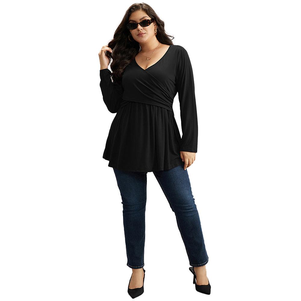 European and American large-size women's clothing autumn and winter waist ruffle edge sexy v-neck solid color long-sleeved t-shirt temperament top
