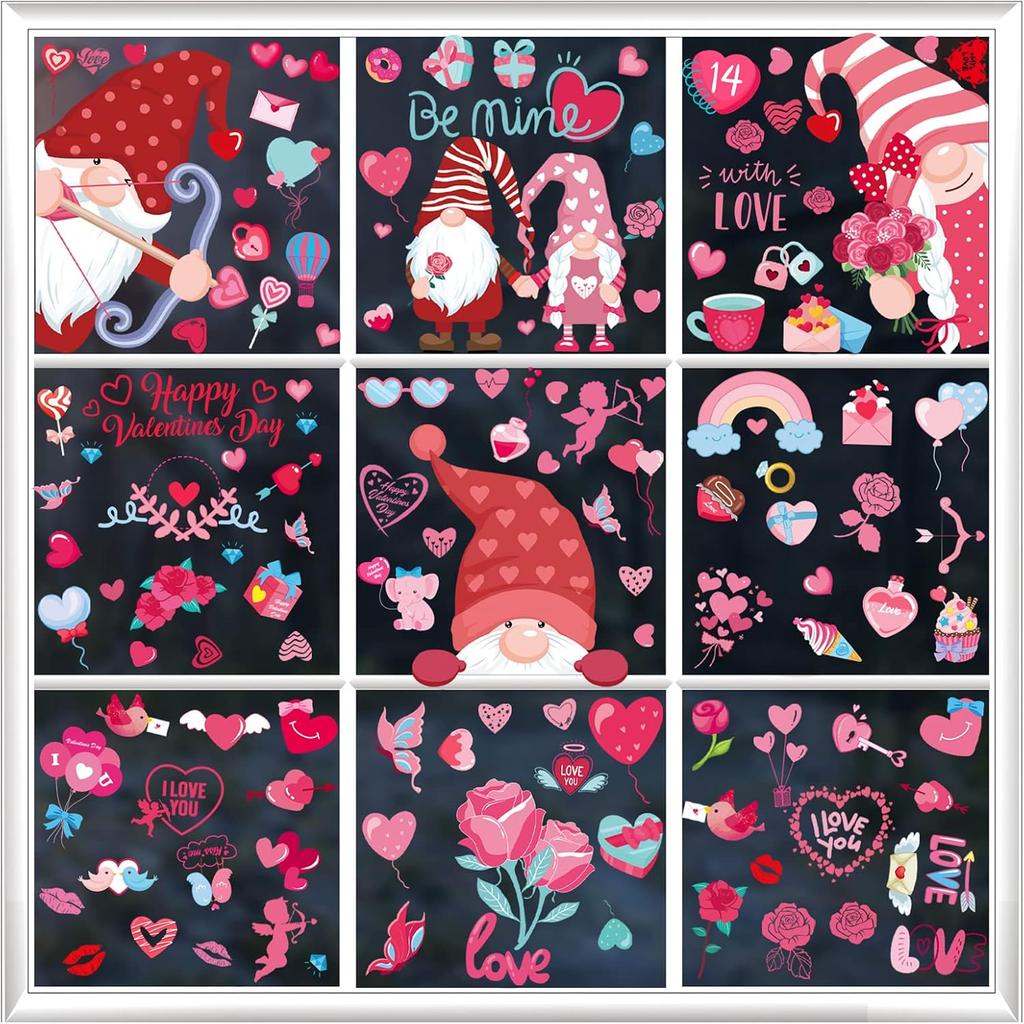 Valentines Day Window Clings Decorations,126Pcs Valentines Window Clings Gnome Heart Decal for Glass,Fabulous for Holiday Decals Family Couples