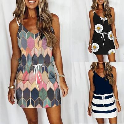 2023 Women's Summer Digital Print Spaghetti Strap A-line Lace-up Dress