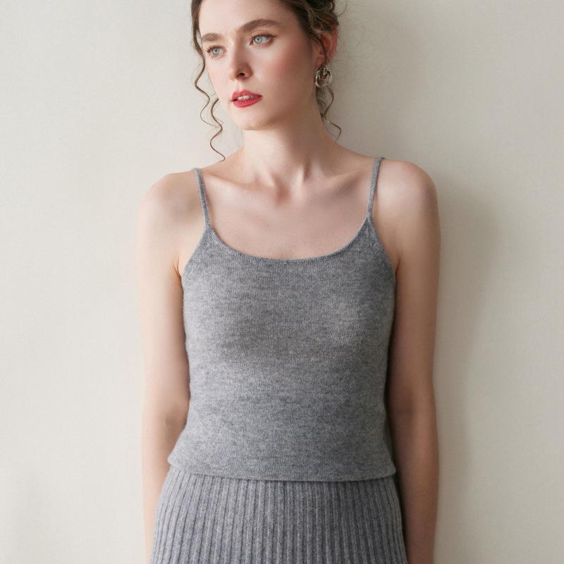 

Cashmere Grey Spaghetti Strap Camisole for Women - Slim Fit, Warm Wool Vest for Spring, Autumn, Winter Medium
