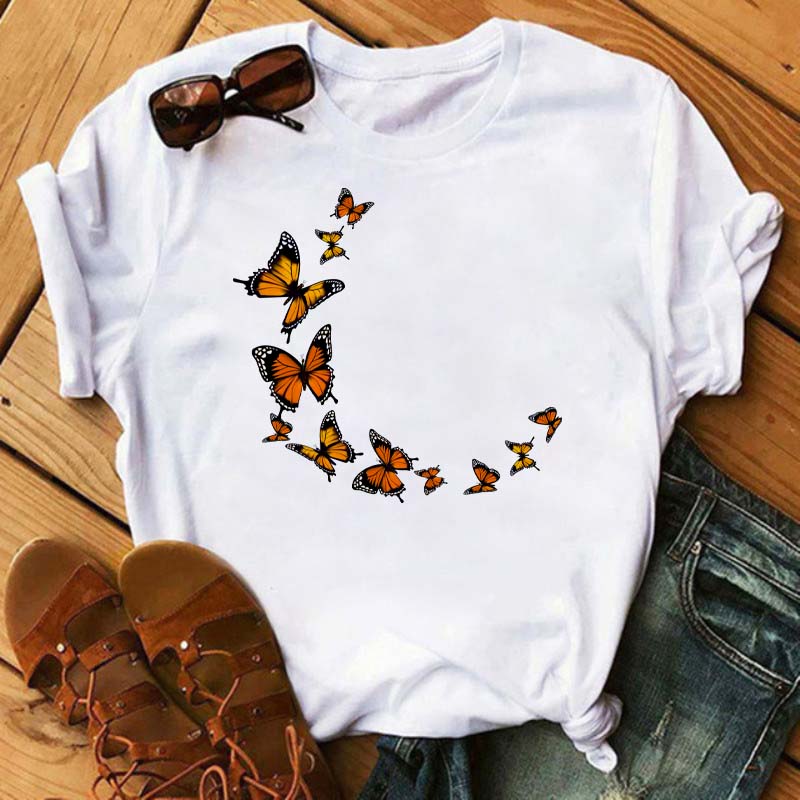 Women Flower Butterfly Fashion Print T Shirt Casual Short Sleeve Ladies T Tee Female Top Shirt Clothes Womens Graphic T-shirt