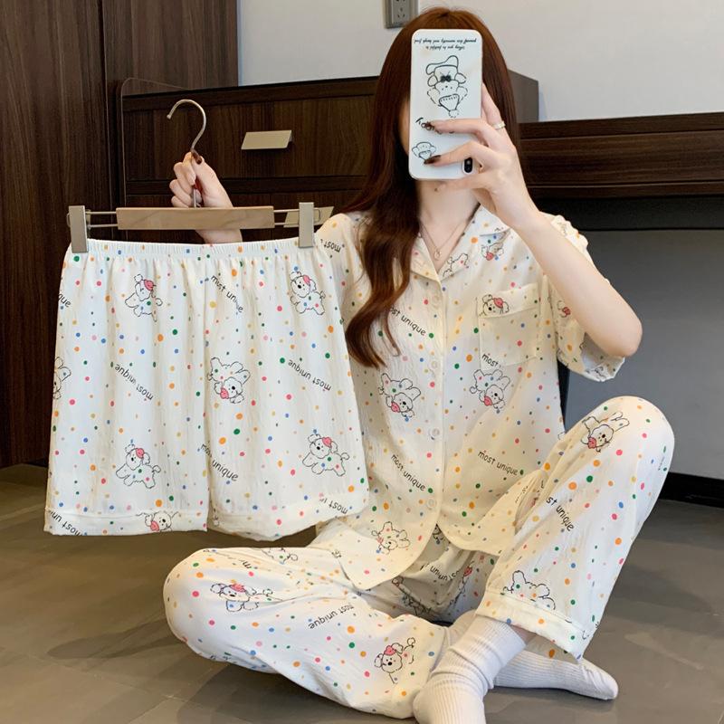Homewear Cloud Cotton Frühling und Sommer Pyjama Damen Kurzarm Hose Cartoon Welpe Mädchen Dreiteiler
