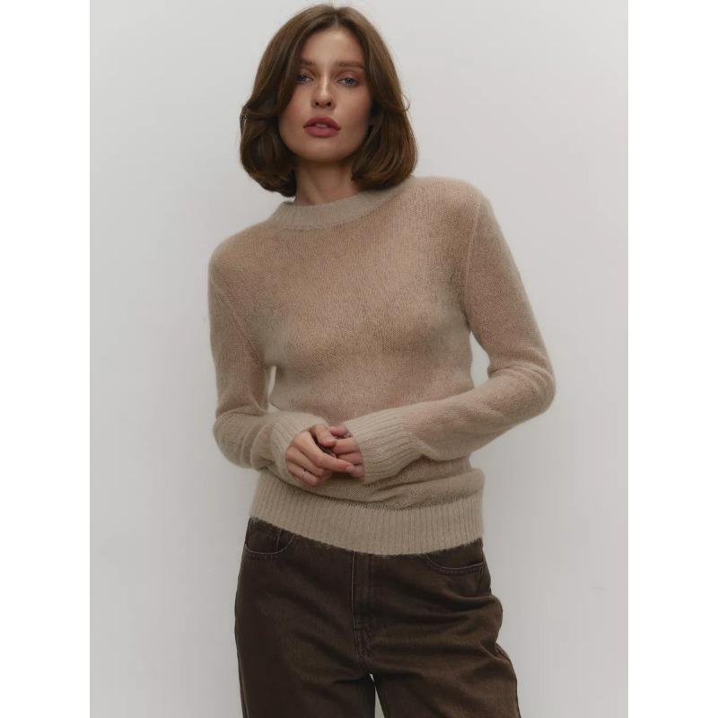 Spring and autumn translucent blue ladies exquisite sweater, loose casual breathable comfortable white round neck pullover sweater MY0182