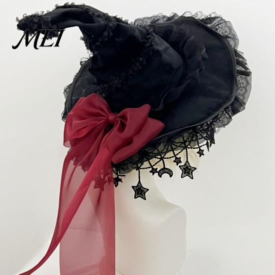 Comic Exhibition Costume Props Gothic Witch Hat for Women, Dark Lolita Style Halloween Accessory, Lightweight Party Outfit Essentials with Lace & Bow,