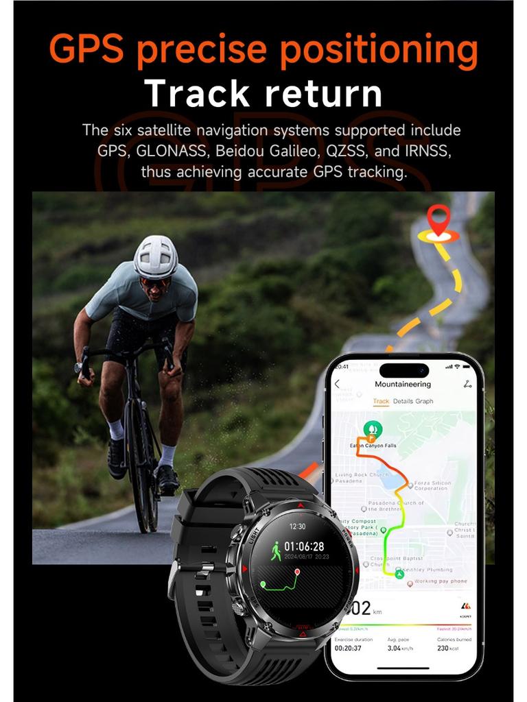שעון חכם GPS צבאי חדש לגברים שיחת בלוטות' עמיד למים 30 מ' חיצוני פנס LED מצפן ספורט שעון חכם 2025