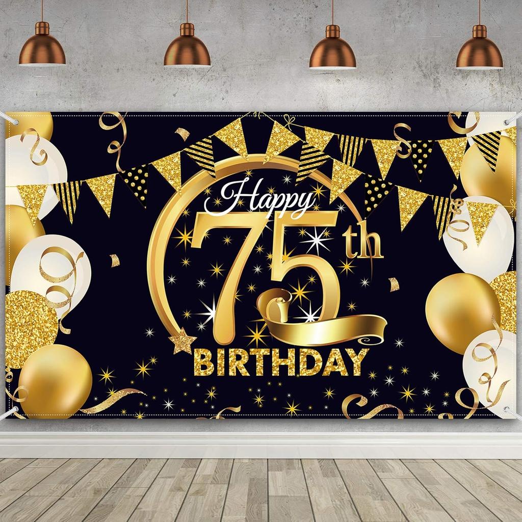 Birthday Party Decoration Extra Large Fabric Black Gold Sign Poster for Anniversary Photo Booth Backdrop Background Banner, Birthday Party Supplies,