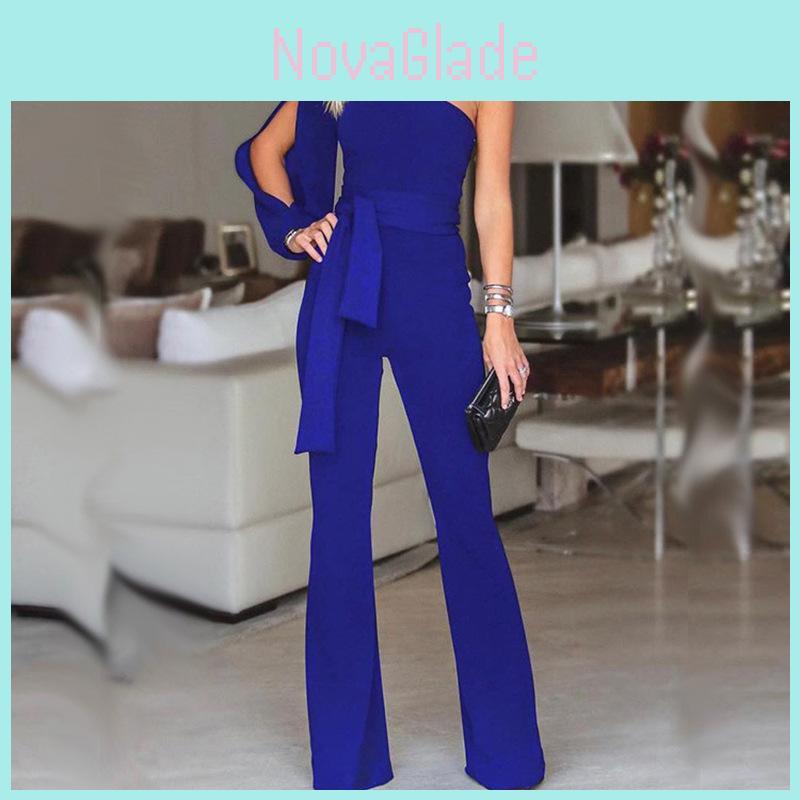 Elegant Women Tied Waist Flared Jumpsuits Fashion One Shoulder Sexy Rompers For Effortless Style
