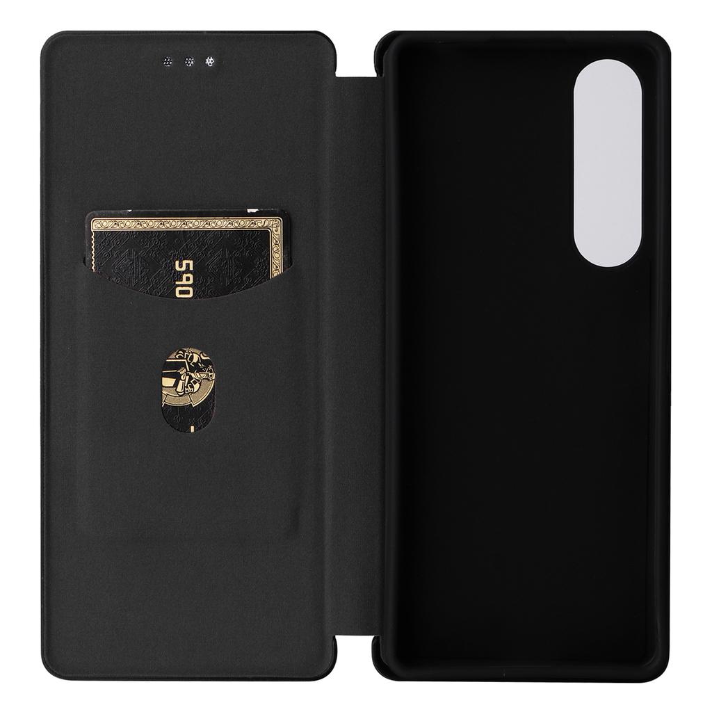 Para Sony Xperia 1 V Capa de Telefone em Couro PU com Suporte Textura de Fibra de Carbono Porta Cartões Capa de Telefone