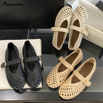 Fashion 2025 Summer Breathable Hollow Out Weave Women Ballet Flats Fashion Mary Janes Soft Soles Walking Loafers Casual Girls Shoes