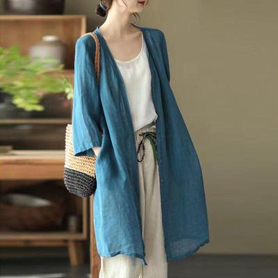 2026 Summer-Autumn Retro Cotton Linen Mid-Length Cardigan: Loose Fit, Artistic Plus Size, Casual Air Conditioning Shirt for Women.