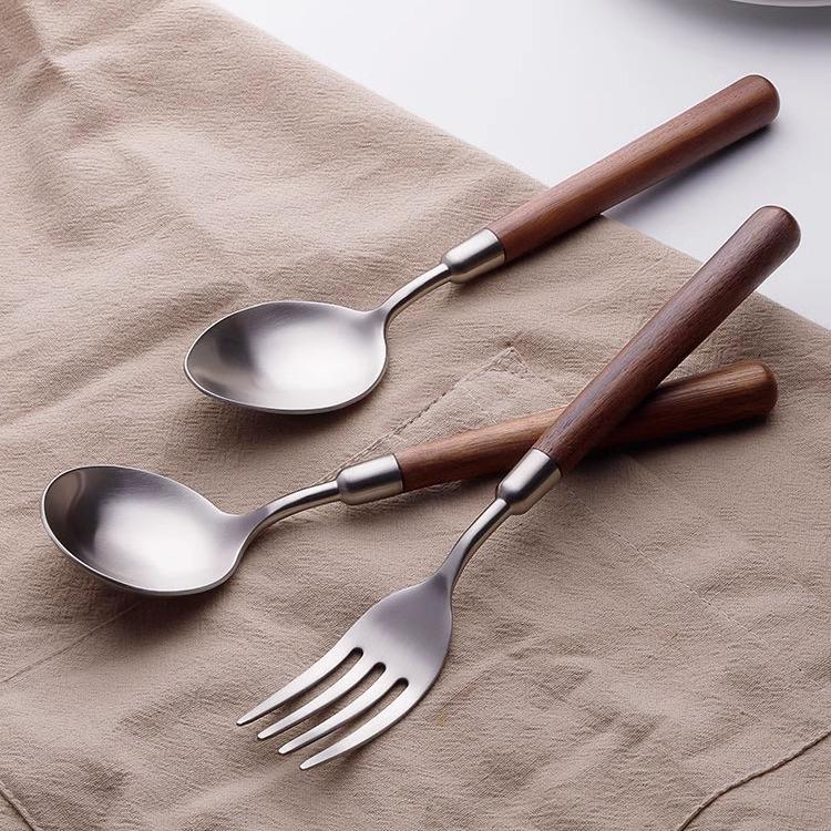 Imitation Walnut Handle Simple Texture Stainless Steel Spoon Fork Set Household Western Food Spoon High Value Tableware