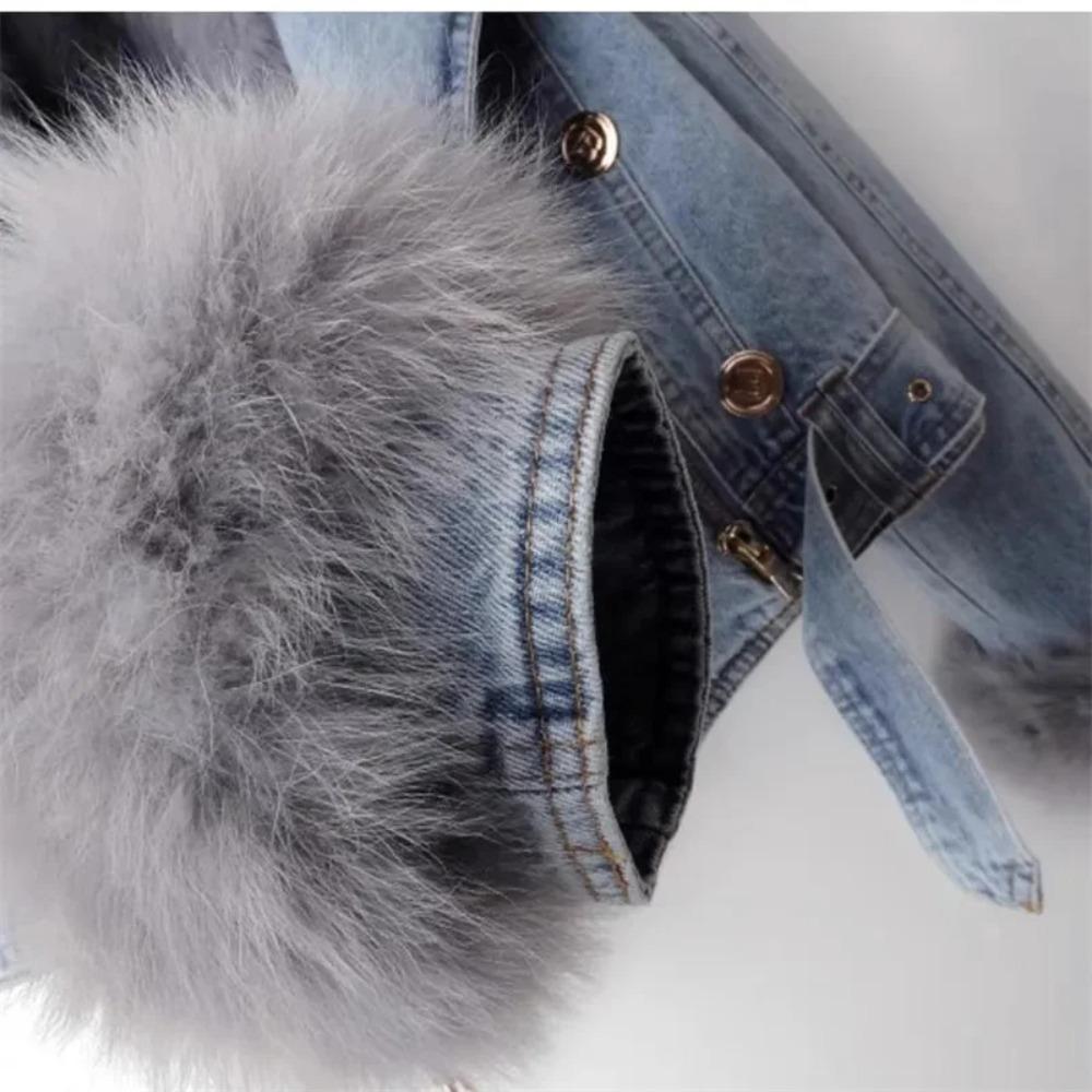 Detachable Faux Fox Fur Rabbit Fur Inner Lining Denim Jacket Women's Short Top Female Warm Parker Outwear