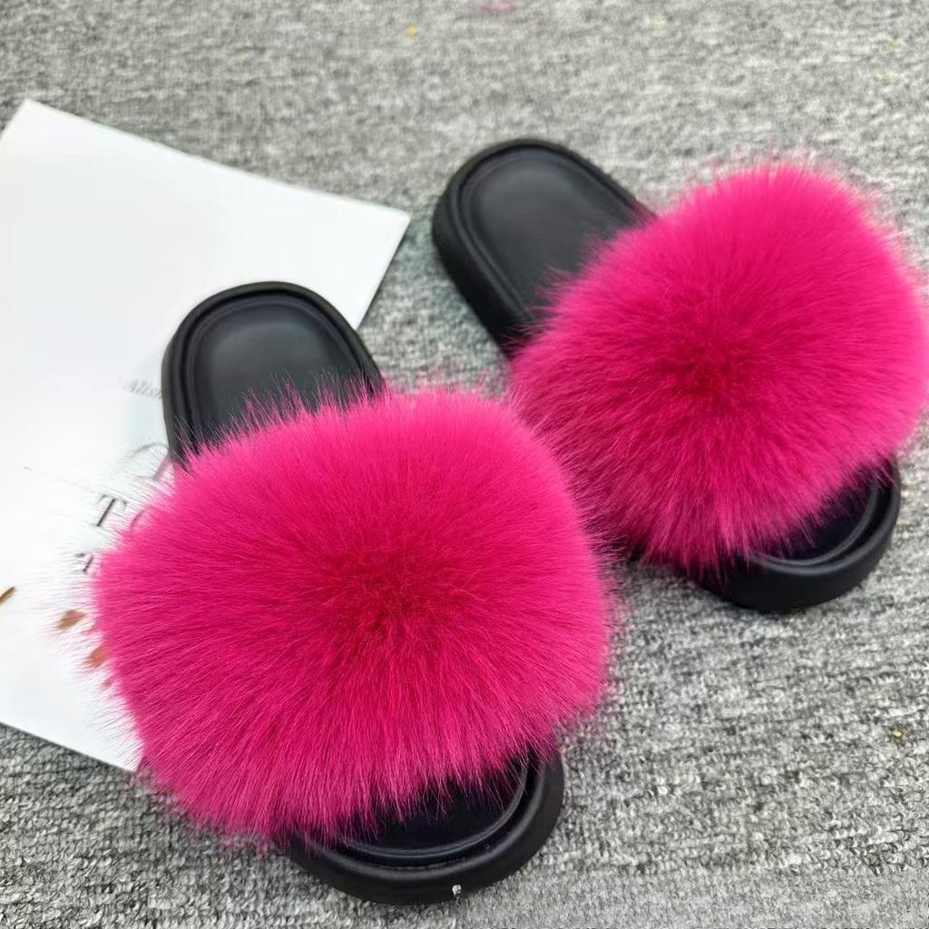 Women'S Faux Fox Fur Slippers Large Summer Open-Toe Fluffy Casual Anti-Slip Sandals Fluffy Black Slide Fur Slider