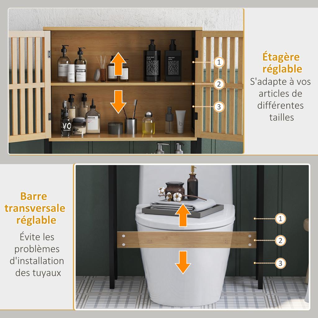 Estantería para inodoro mueble de baño unidad sobre WC con armario de 2 puertas y estante abierto, bambú