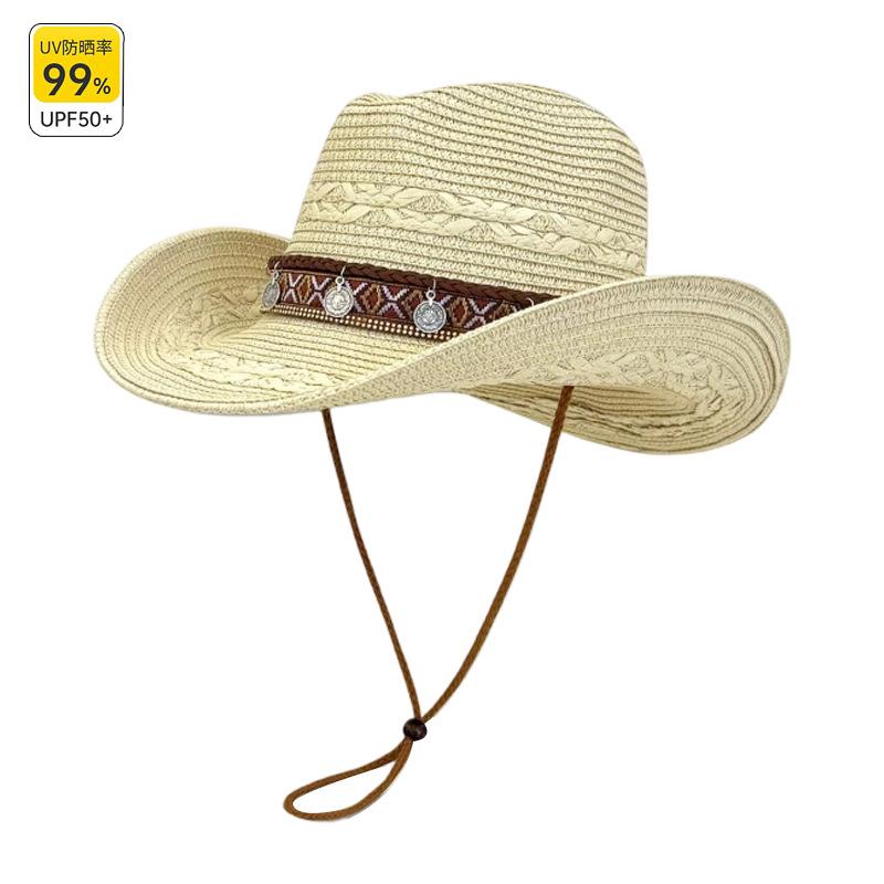 Ethnic Style Western Cowboy Hat Women's Summer Western Sichuan Travel Straw Weaving Big Eaves Sunshade Panama Straw Hat Mountaineering Hat