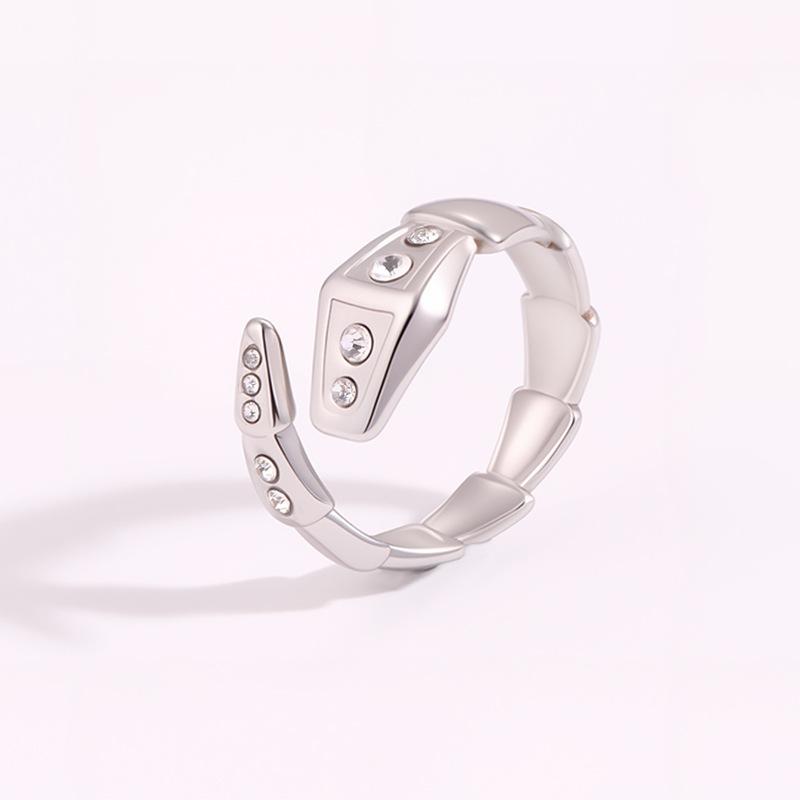 Ring - Elegant Female Style White Mother-of-pearl Snake-shaped Open-ended Ring - 18K Gold Electroplated with Diamonds - Snake Bone Ring