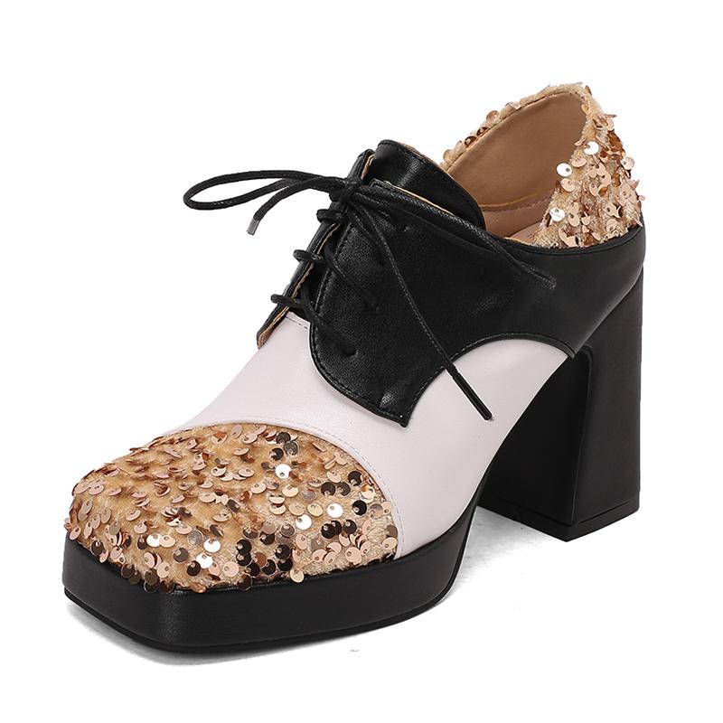 Plus Size Glitter Patchwork PU Lace Up High Heels Square Toe Waterproof Platform Ultra-High Thick Heel Breathable Women's Pumps