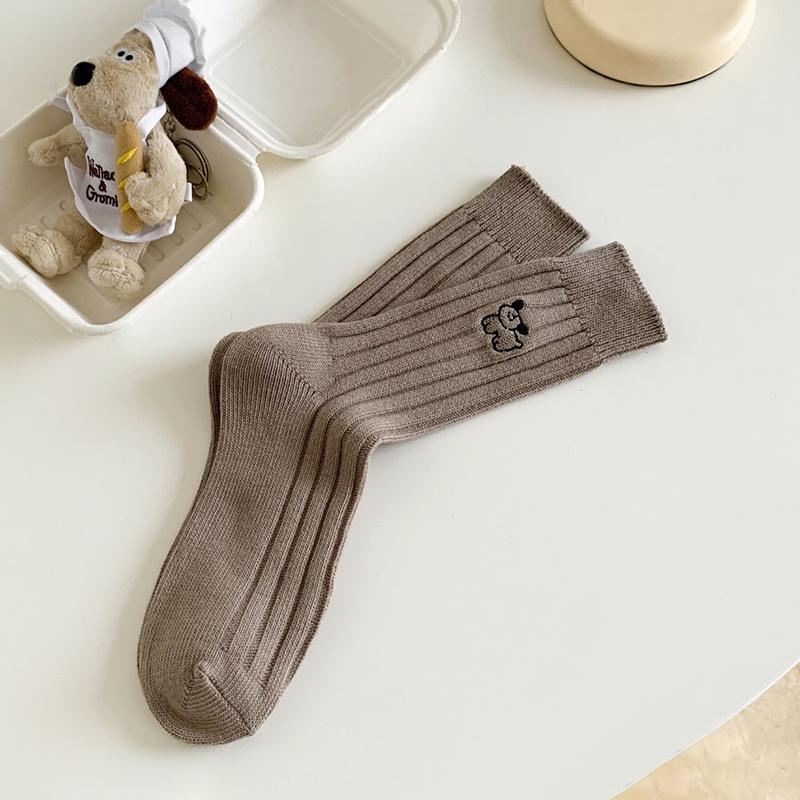 5 Pairs of Female Spring and Autumn Embroidery Puppy Vertical Stripes In Tube Pile Socks