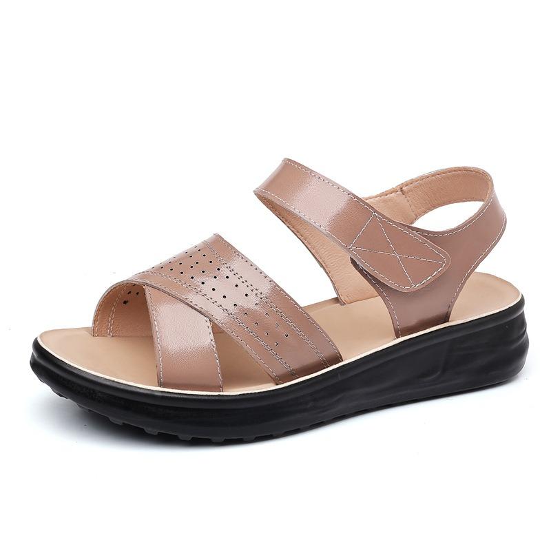 ~~ Whole Cowhide~ Mom Shoes Summer Middle-aged Comfortable and Non-slip Flat-soled Leather Soft-soled Sandals Women
